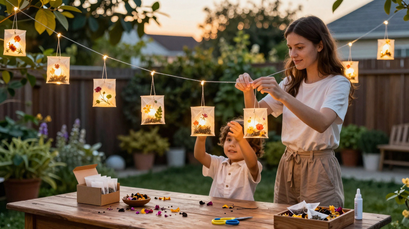 Mulher e criança decoram lanternas com flores secas numa corda de luzes ao ar livre ao entardecer.