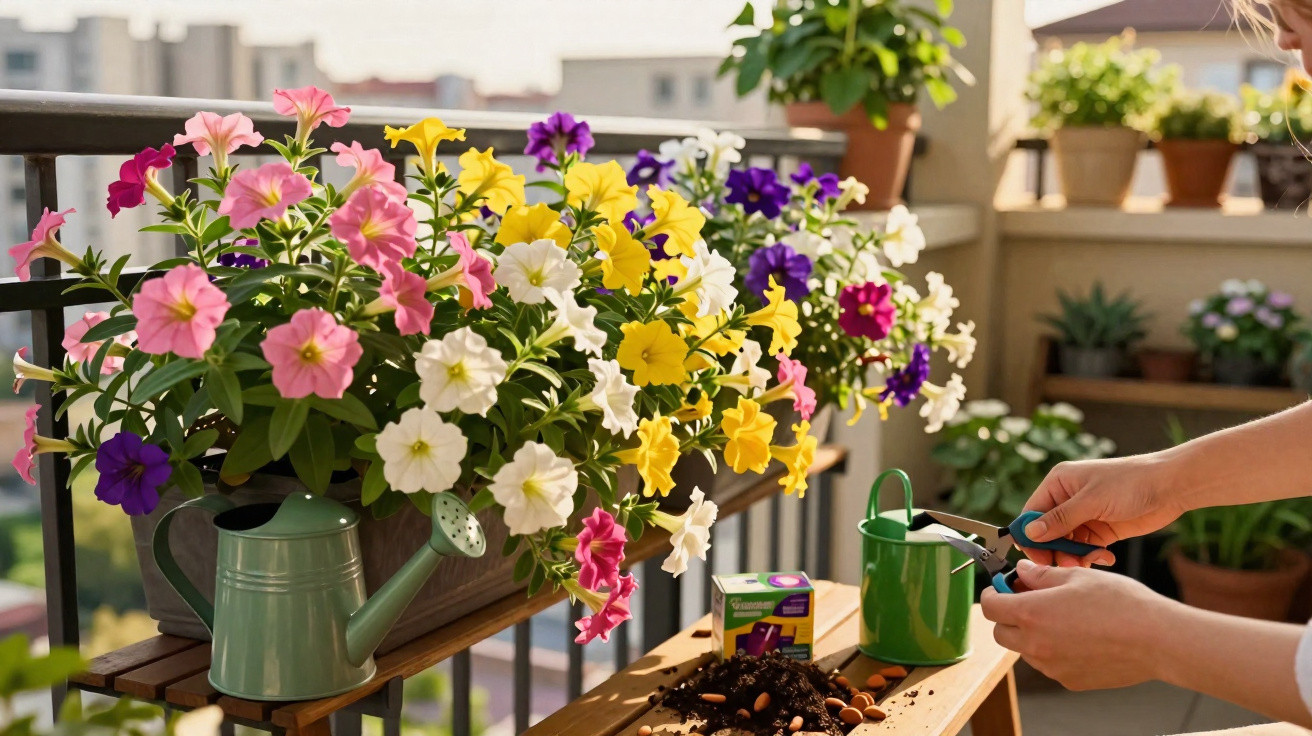 Varanda com flores coloridas em vasos e mãos a cuidar das plantas com tesoura e regador.