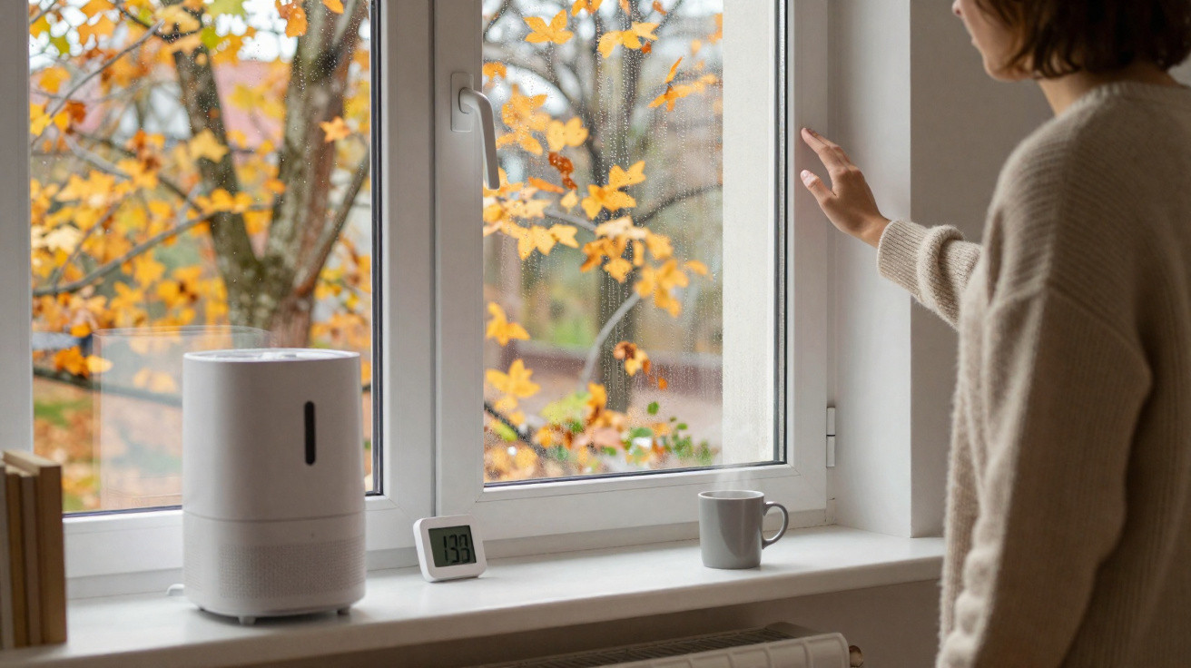 Pessoa junto a janela com folhas outonais, um humidificador, um termómetro digital e uma chávena na janela.
