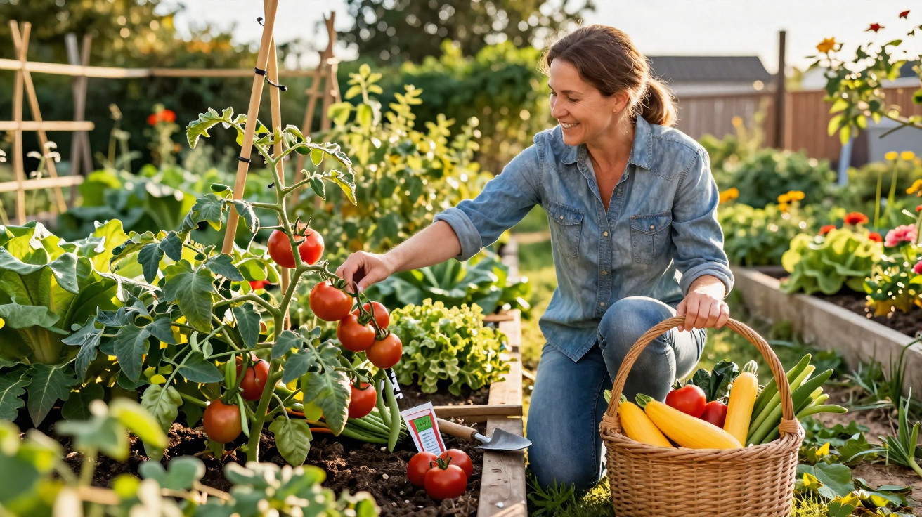 Mulher colhe tomates num jardim, rodeada de legumes e plantas, com cestinho cheio de colheita.