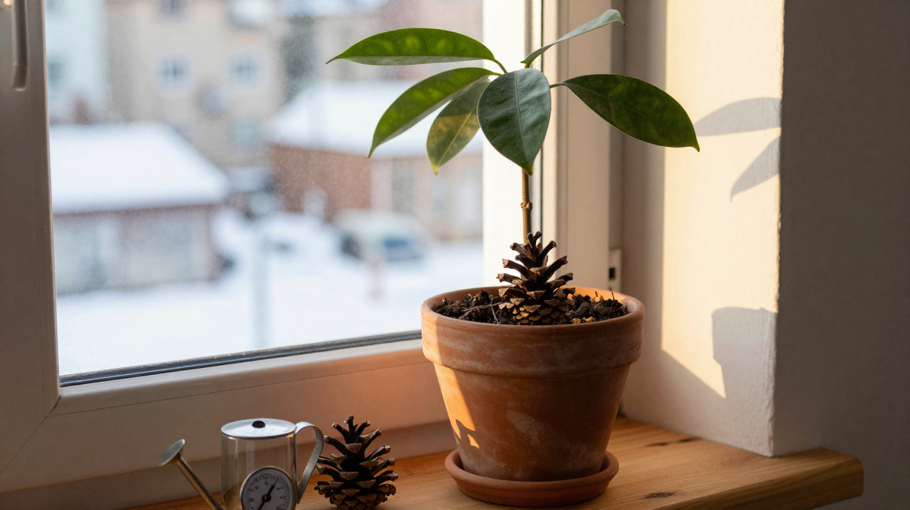 Planta jovem com um cone numa pequena jarra de barro numa janela ensolarada, ao lado de um regador pequeno.