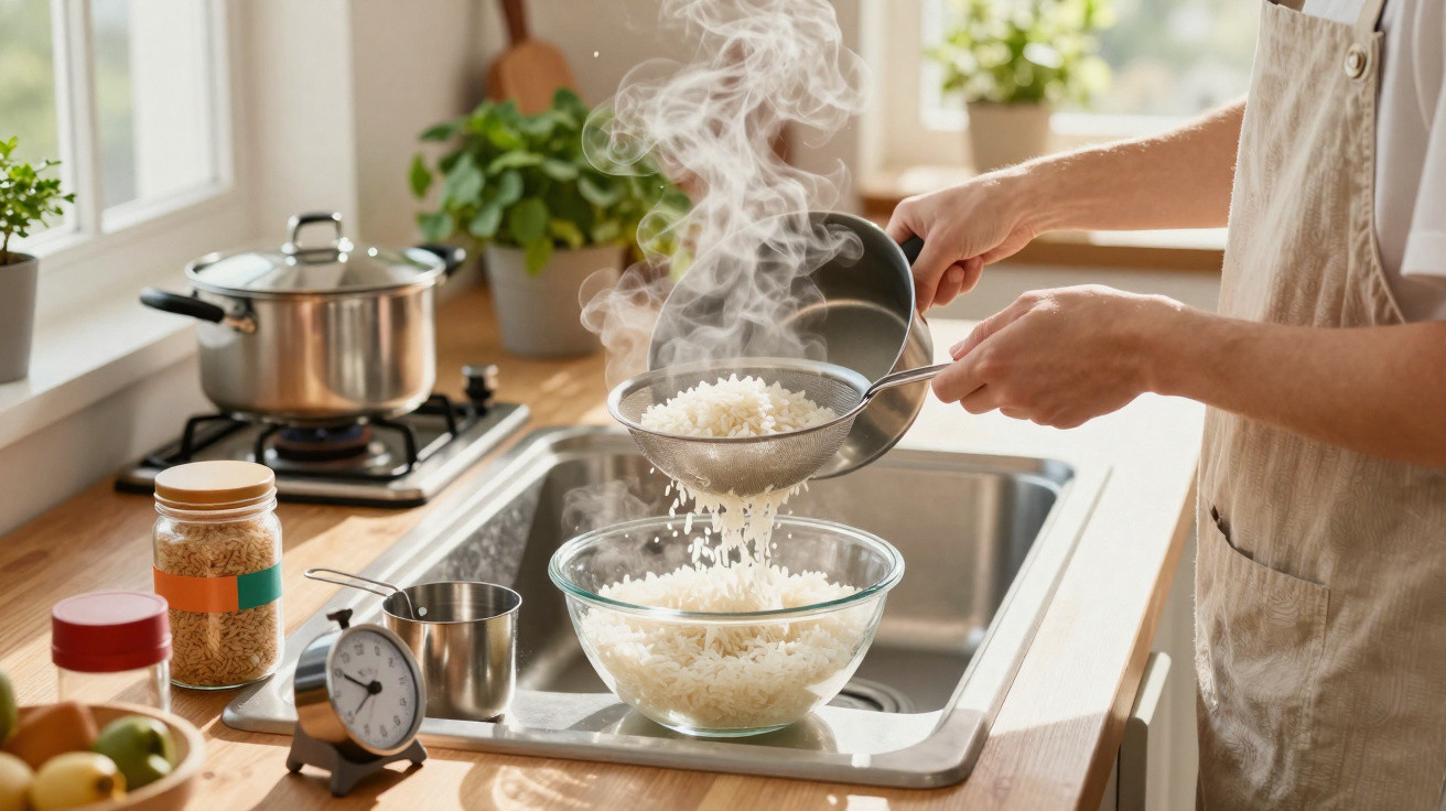 Pessoa a coar arroz quente com um passador para uma tigela de vidro numa cozinha iluminada.