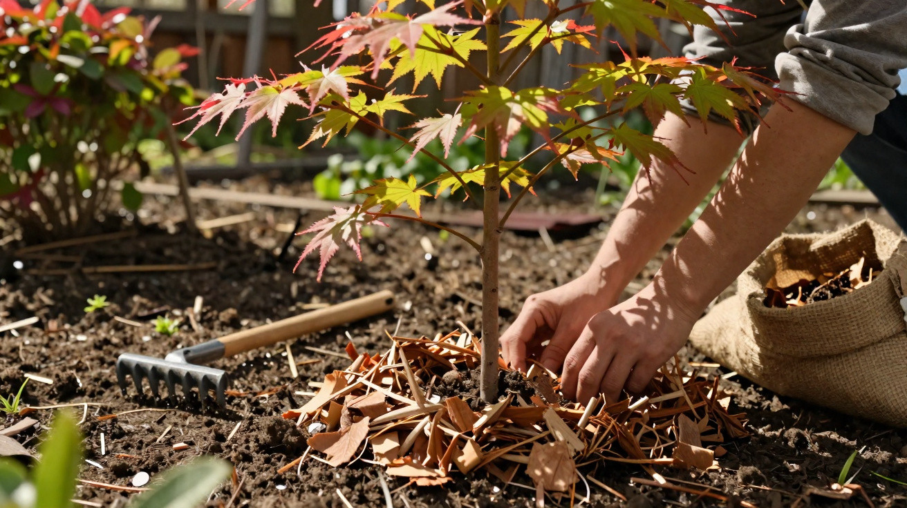 Pessoa a plantar árvore jovem, rodeada de terra e folhas secas, com ancinho ao lado no jardim.