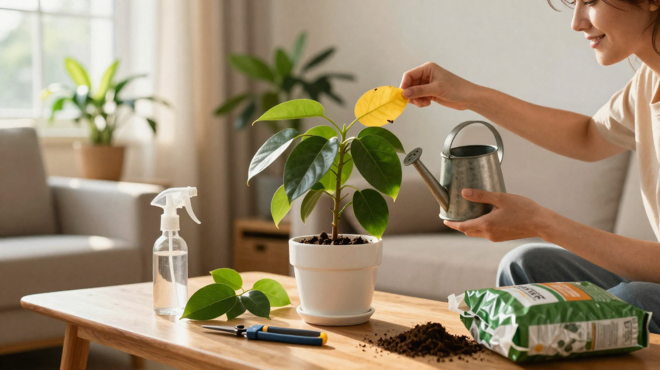 Pessoa a cuidar de planta doméstica numa sala, retirando folha amarela e segurando regador metálico.