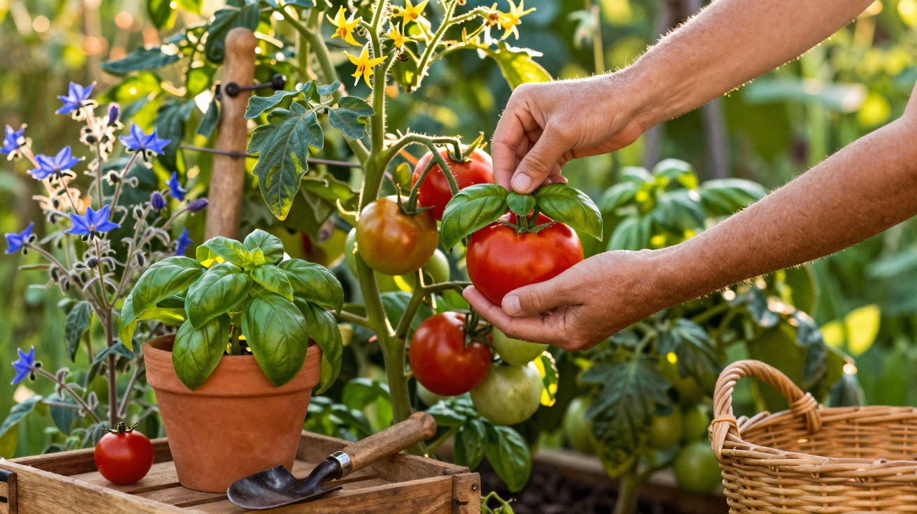 Mãos colhendo tomate maduro em vaso com manjericão e flores num jardim ensolarado.