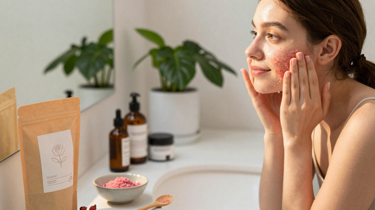 Mulher aplica esfoliante rosa no rosto junto a produtos de cuidados de pele numa casa de banho iluminada.
