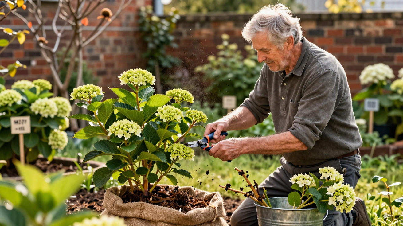 Homem idoso a cuidar de plantas com tesoura de poda num jardim com flores e vegetação.