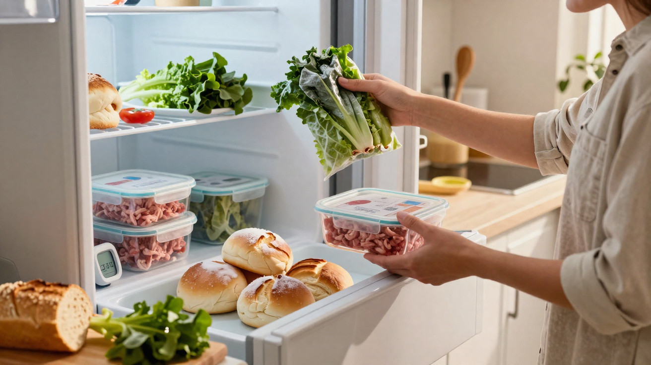 Pessoa a guardar legumes e carne picada em embalagens dentro do frigorífico numa cozinha moderna.
