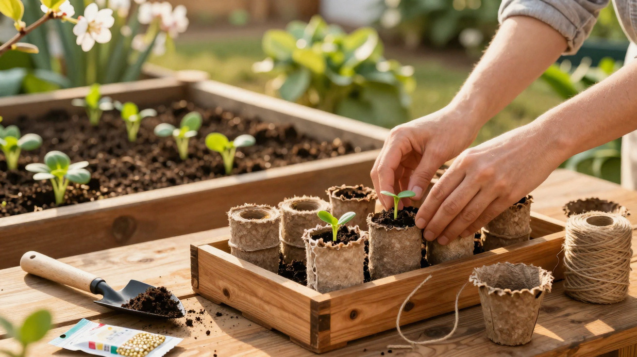 Mãos a plantar pequenas mudas em vasos biodegradáveis numa mesa de jardinagem ao ar livre.