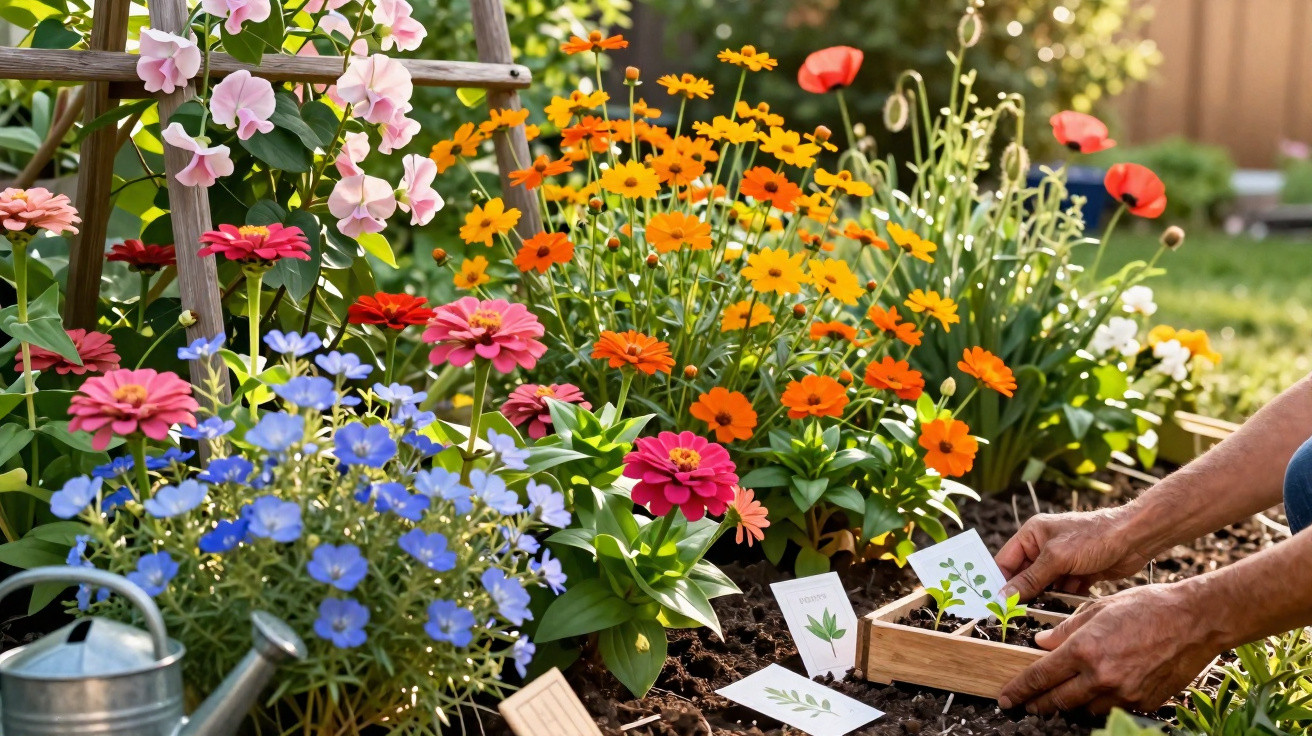 Mãos plantando mudas em jardim com variedades coloridas de flores e regador metálico ao lado.