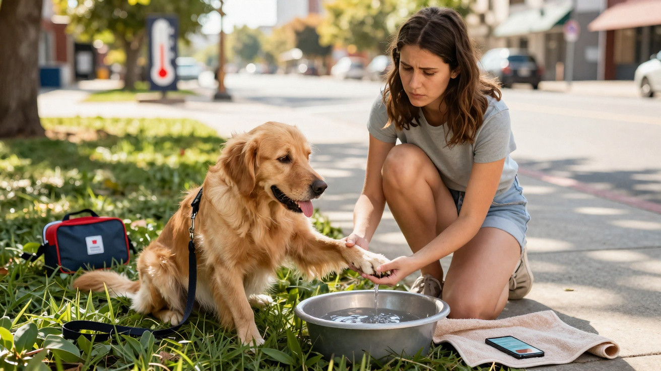 Mulher a tratar da pata de um cão Golden Retriever junto a uma tigela com água numa rua ensolarada.