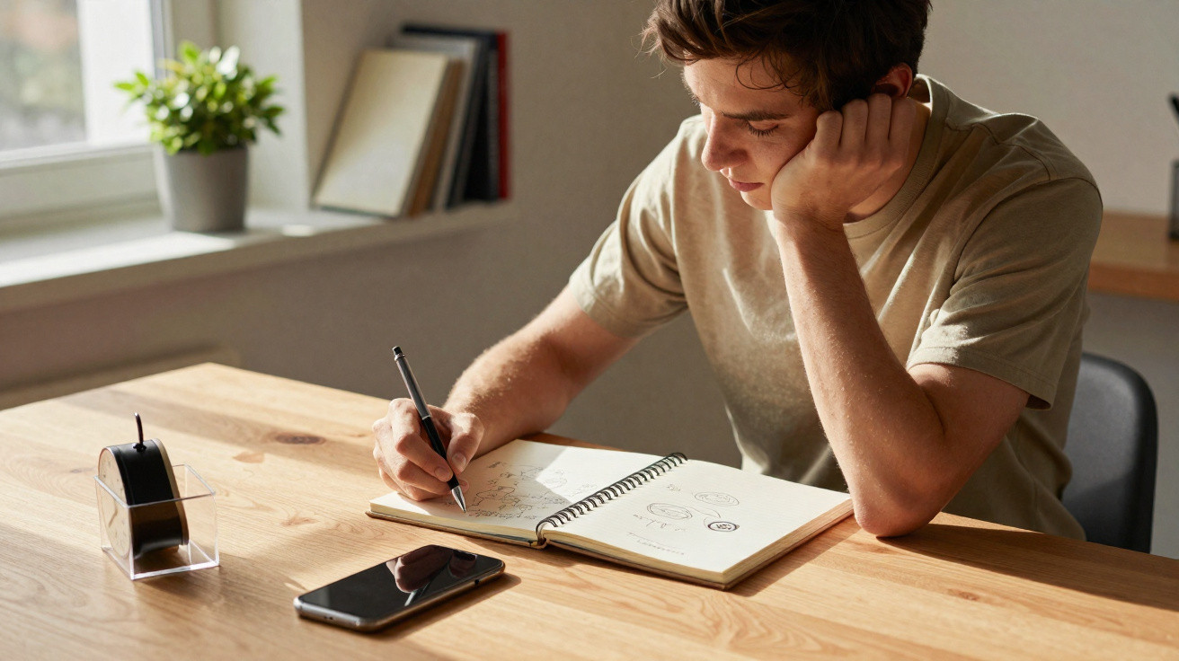 Jovem sentado numa mesa a desenhar num caderno aberto, com telemóvel e fita adesiva à frente.