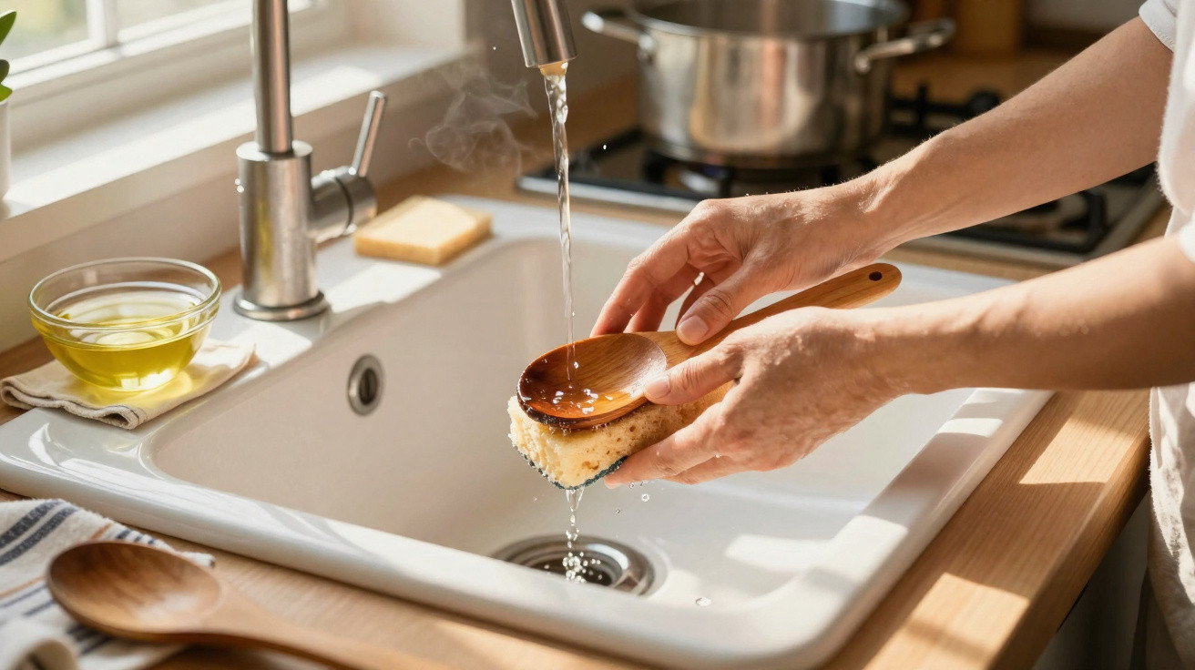 Mãos a lavar uma colher de pau quente sob água corrente numa pia de cozinha luminosa.