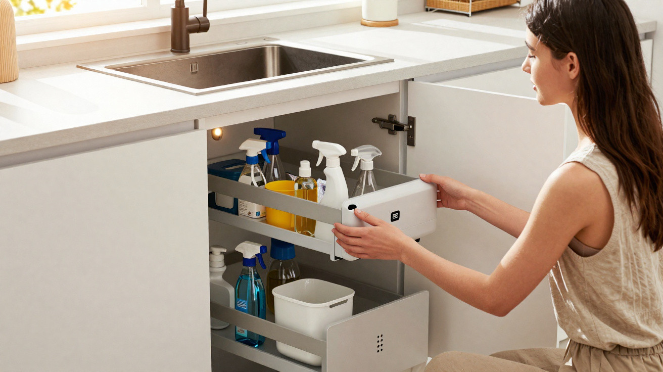 Mulher a organizar produtos de limpeza em prateleiras deslizantes sob a pia da cozinha luminosa.