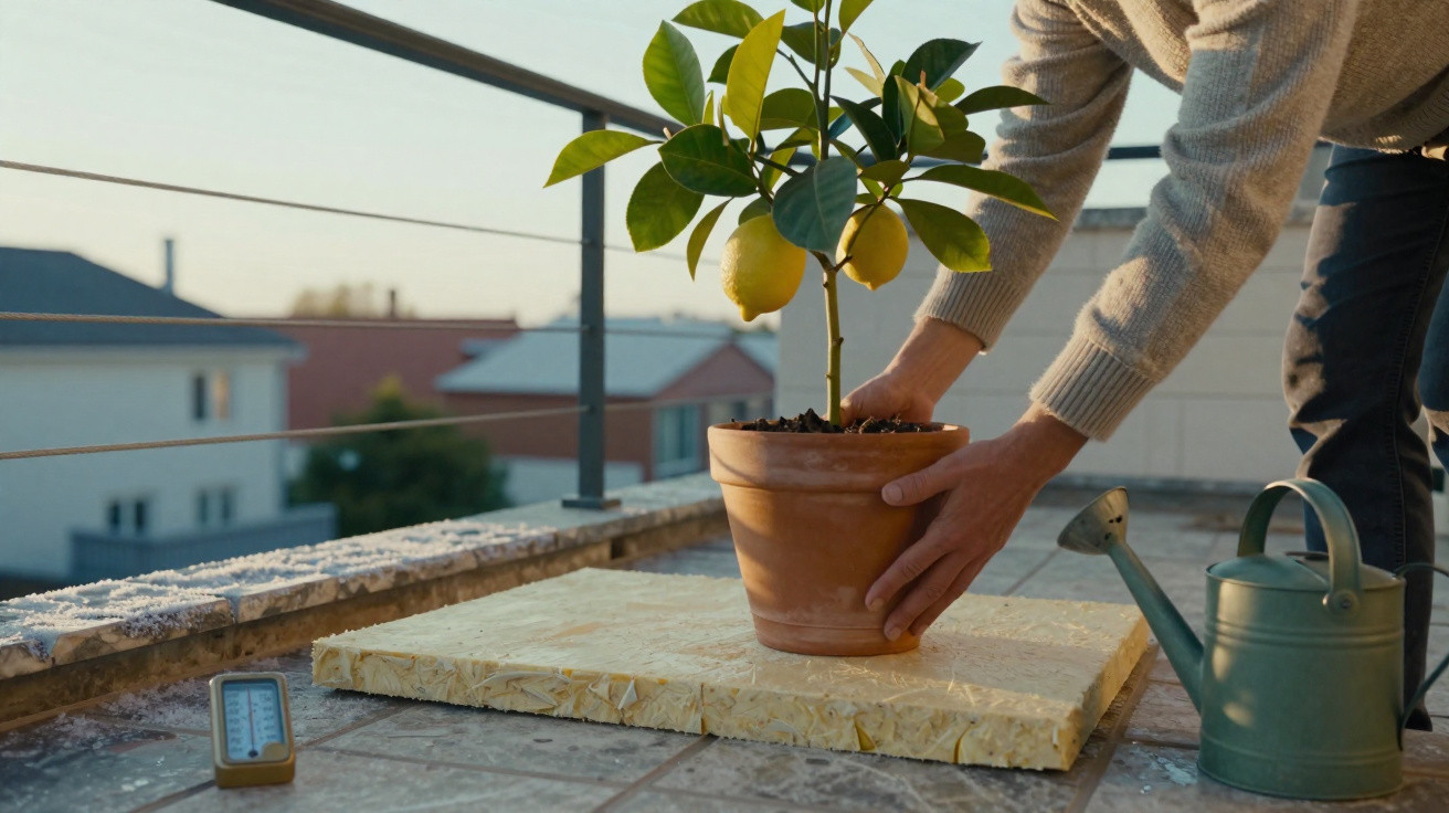 Pessoa a colocar vaso com limoeiro num terraço durante o dia, junto a regador e termómetro digital.