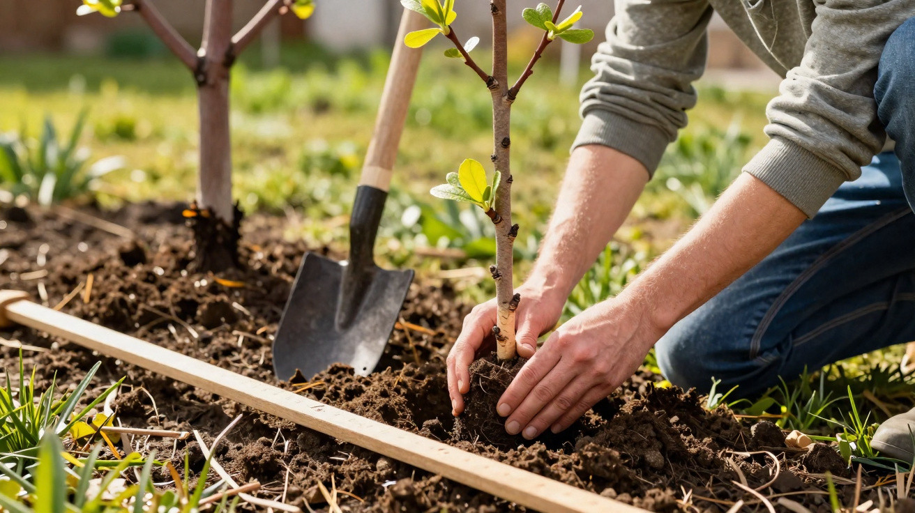 Pessoa a plantar uma muda de árvore no solo, com uma pá encostada na terra ao lado.