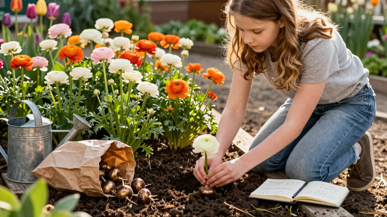 Menina a plantar bulbos de flores brancas e cor de laranja num jardim junto a regador e caderno.