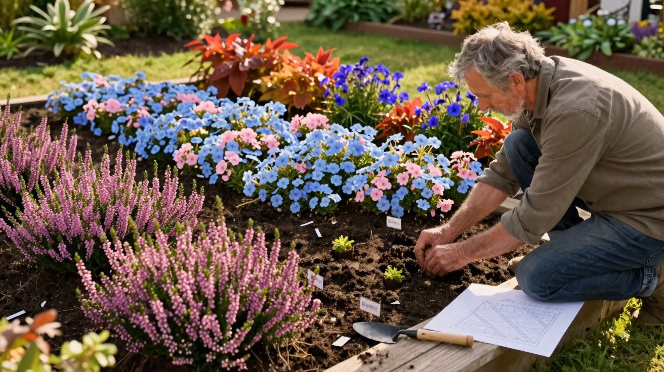 Homem a plantar flores coloridas num jardim organizado com ferramenta e plano no chão ao lado.