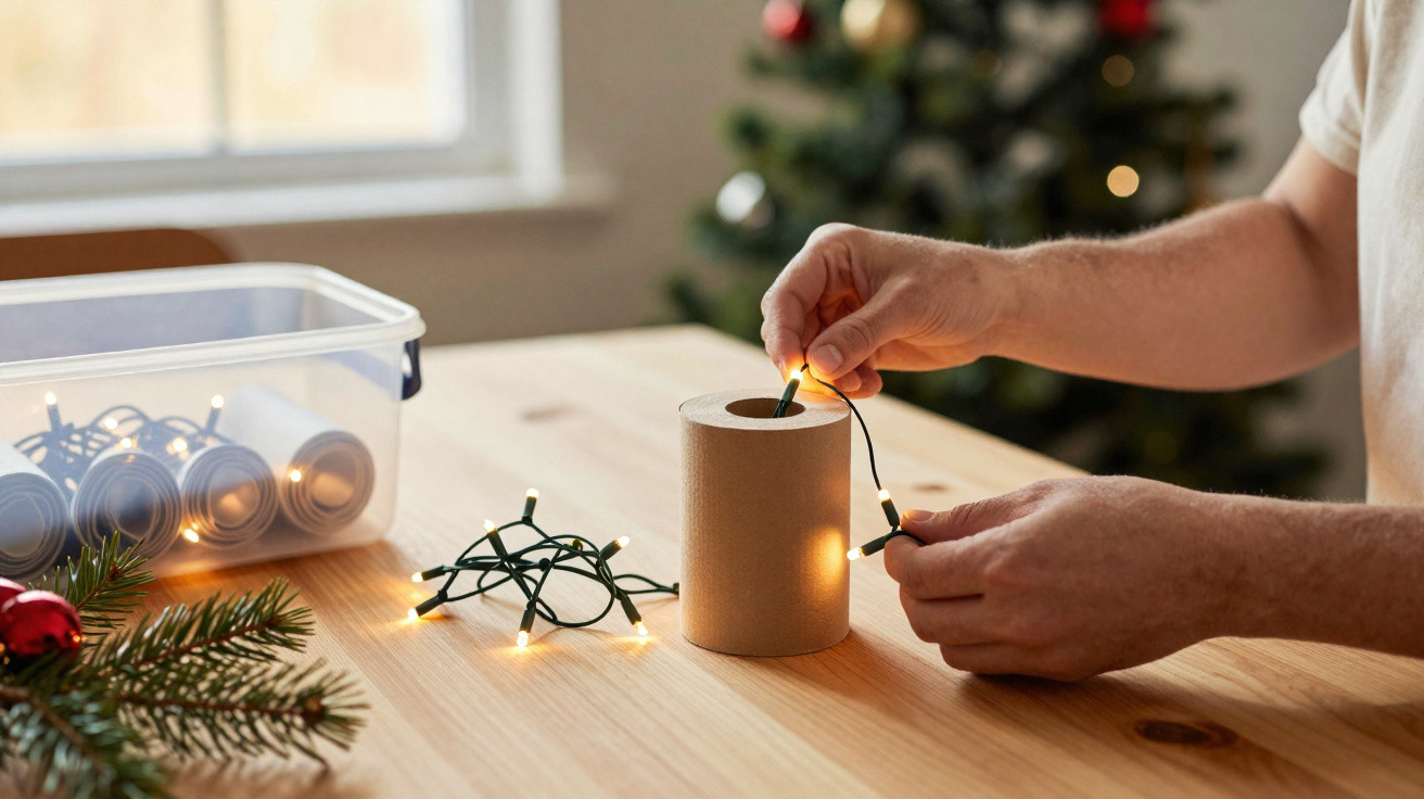 Pessoa a colocar luzes de Natal num rolo de papel vazio numa mesa de madeira com árvore de Natal ao fundo.