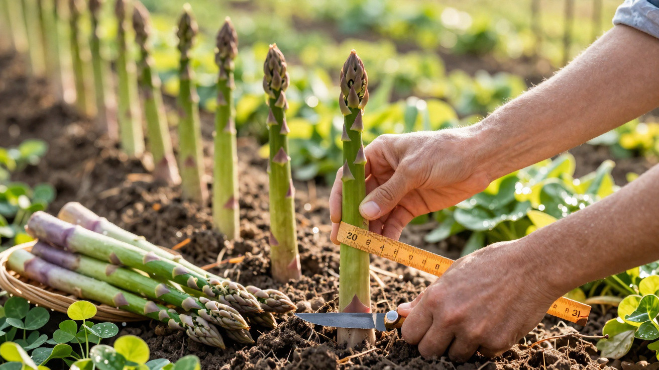 Pessoa a medir e cortar espargos verdes frescos numa horta com terra e plantas.