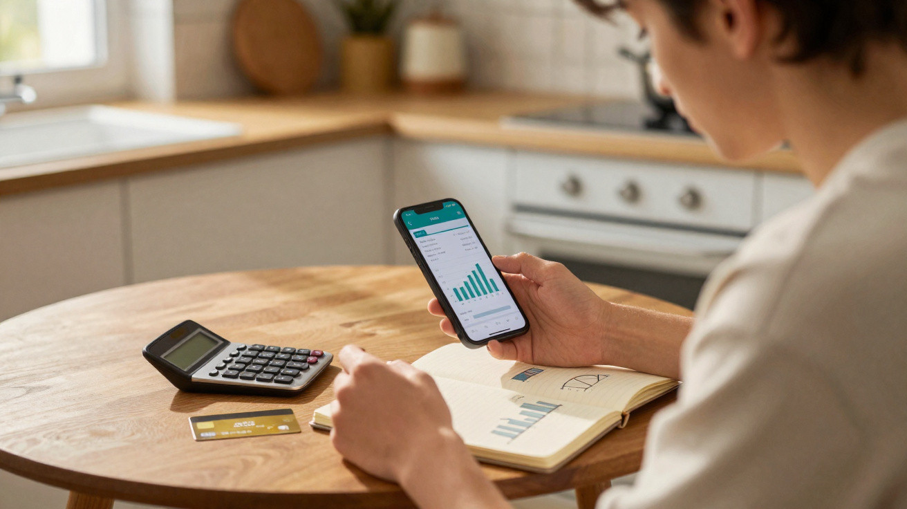 Pessoa numa cozinha a analisar gráficos financeiros num smartphone, com calculadora, cartão e caderno na mesa.