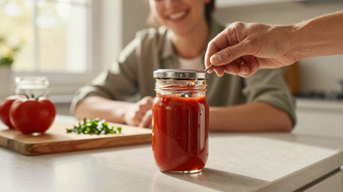 Frasco de vidro com molho de tomate caseiro e mão a fechar a tampa na cozinha, com pessoa ao fundo sorrindo.