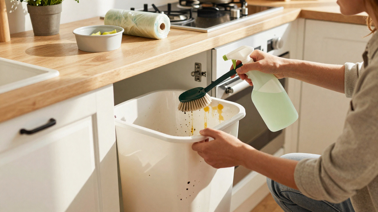Pessoa a limpar um balde branco com escova e spray de limpeza numa cozinha moderna com bancada de madeira.