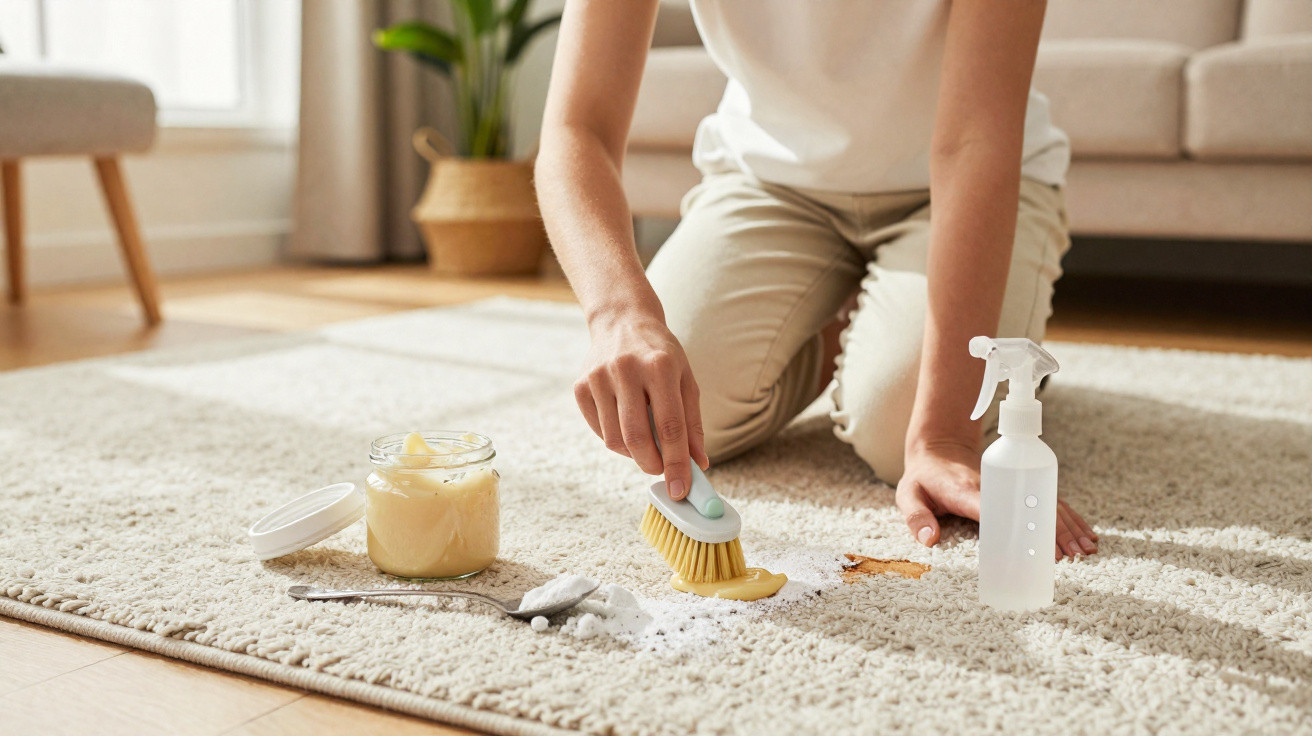 Pessoa a limpar mancha num tapete com escova, spray e produtos de limpeza em sala de estar clara.
