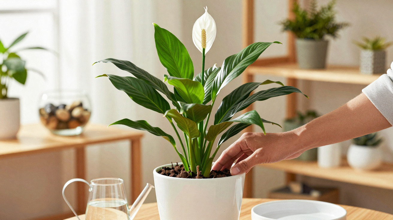 Mão a cuidar de uma planta verde com flor branca em vaso branco numa mesa de madeira em ambiente interior.