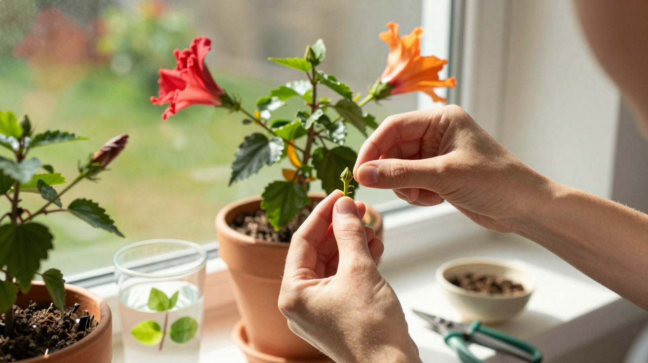 Mãos humanas a cuidar de uma muda de hibisco numa janela com vasos, tesoura e água ao fundo.