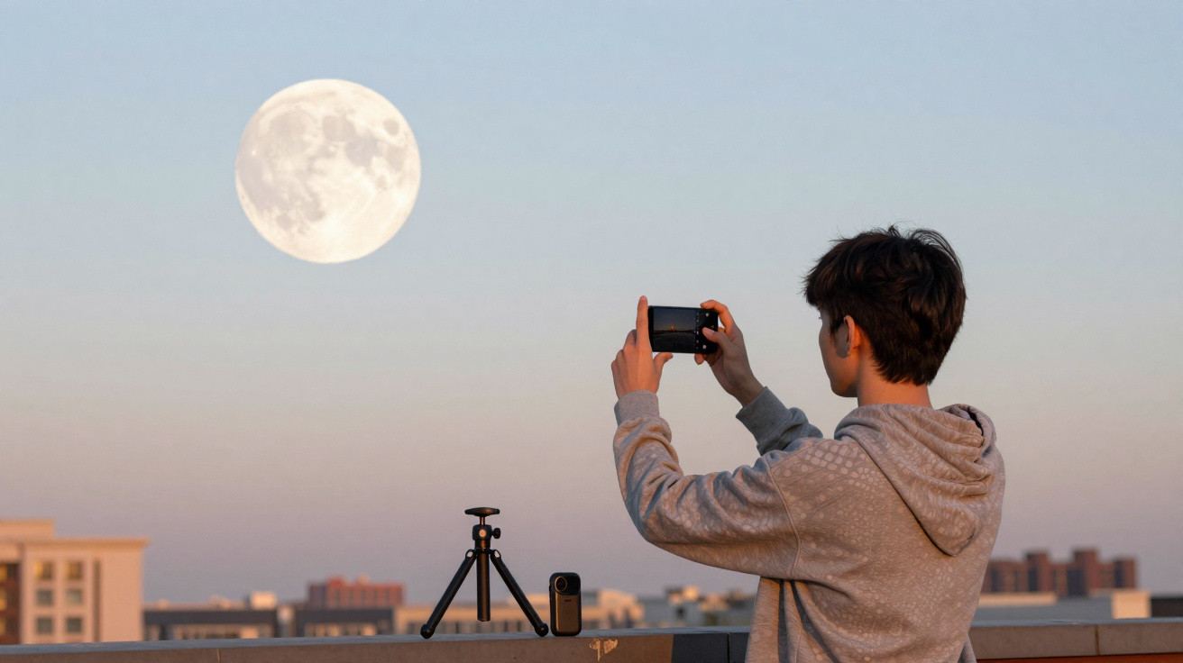 Jovem de perfil tira foto da lua cheia com telemóvel no terraço ao entardecer.