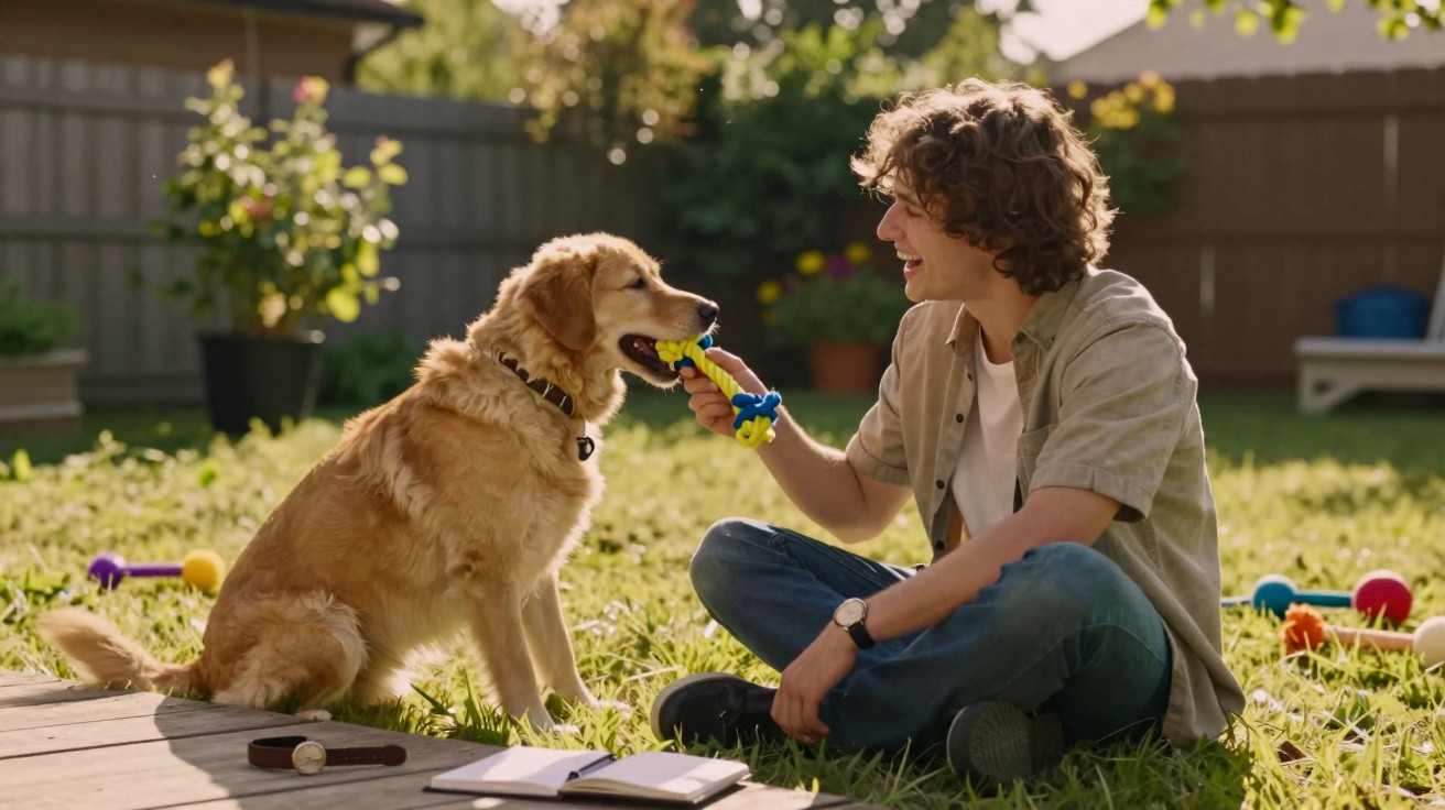 Jovem sentado no jardim a brincar com cão golden retriever com brinquedo colorido na boca.