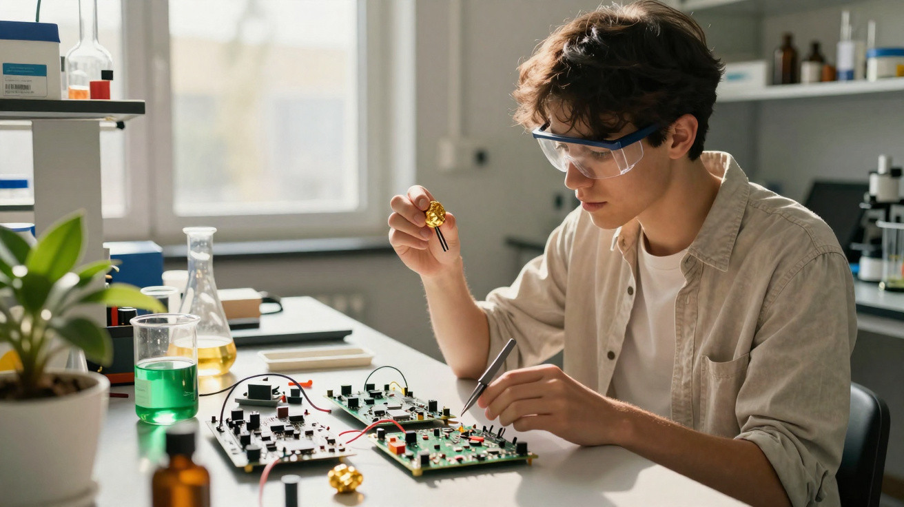 Jovem com óculos de proteção trabalha em circuitos eletrónicos num laboratório bem iluminado.