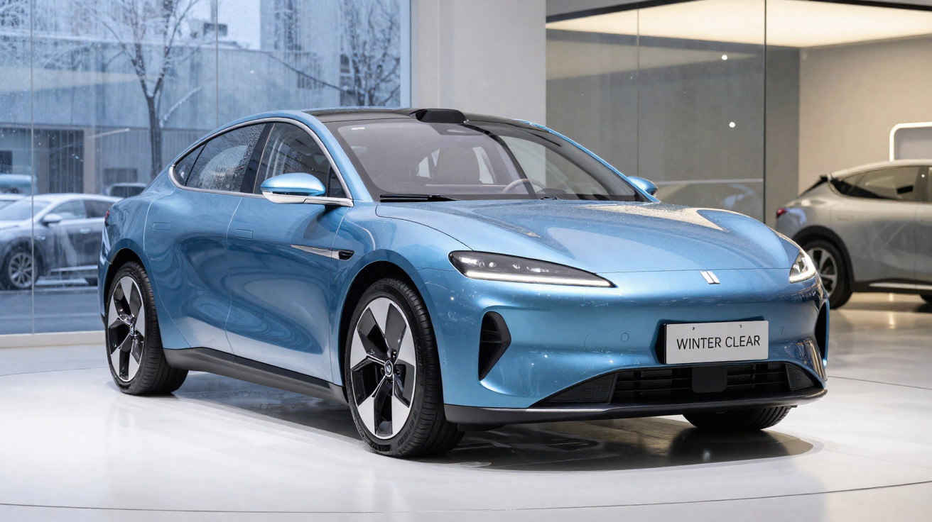 Carro elétrico azul metálico exposto em showroom moderno com janelas grandes.