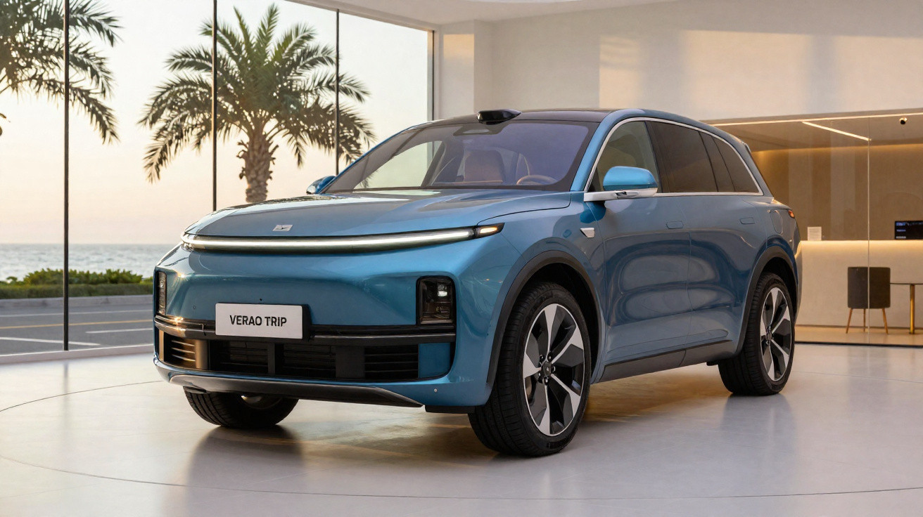 SUV elétrico azul estacionado dentro de sala ampla com vista para palmeira e mar ao fundo.