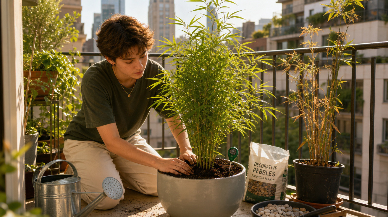 Pessoa a cuidar de uma planta em vaso num terraço urbano com arranha-céus ao fundo, durante o dia solarengo.
