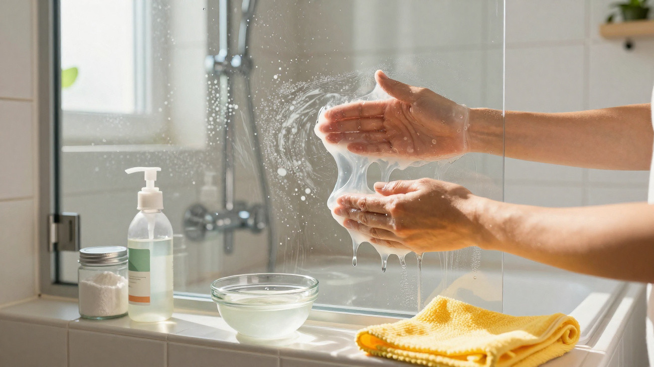 Mãos femininas a aplicar uma solução pegajosa transparente com recipiente, frasco e pano amarelo numa sanita.