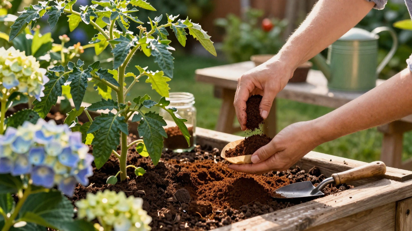 Mãos a adicionar terra a vaso com planta verde, cercado por flores e regadores num jardim iluminado.