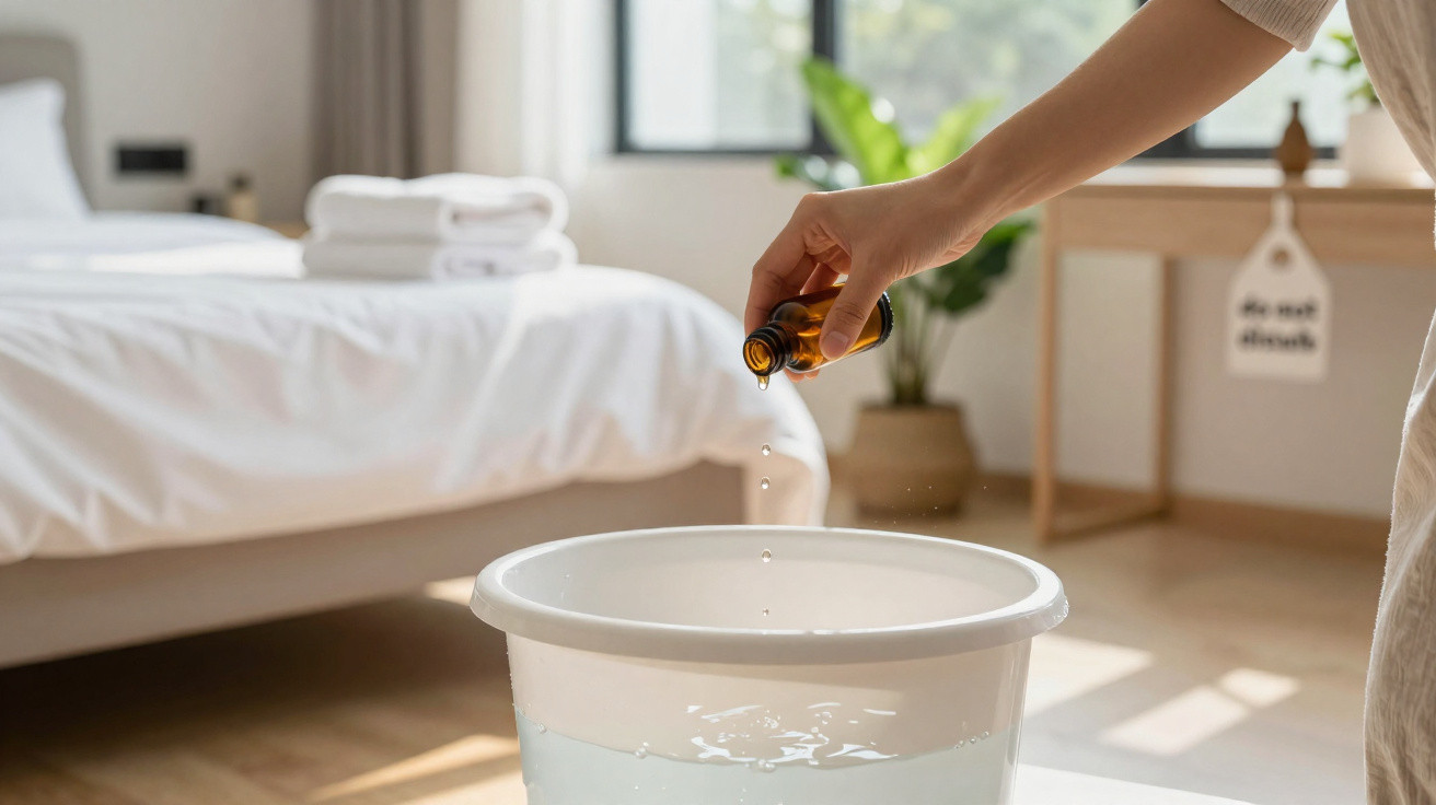 Pessoa a colocar gotas de óleo essencial num balde com água numa divisão com cama e mesa de madeira.