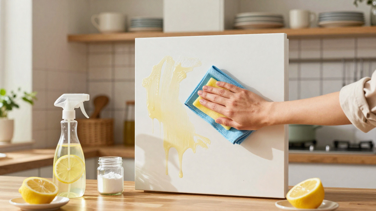 Pessoa a limpar um painel branco com uma esponja azul, num ambiente de cozinha com limões e produtos de limpeza.