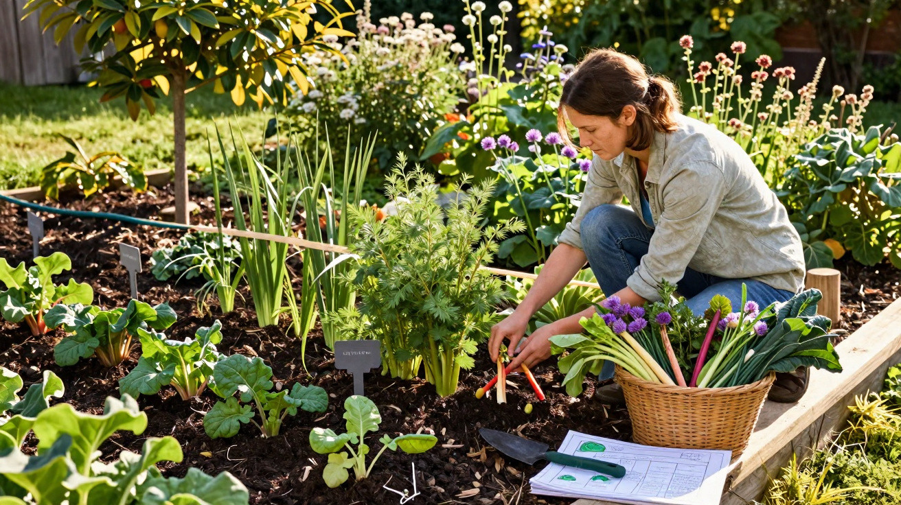 Mulher a colher hortícolas num jardim com plantas e flores em canteiros de madeira.