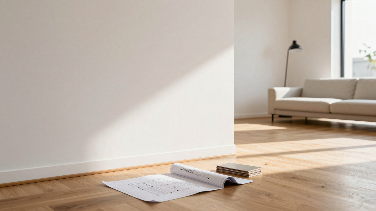 Sala minimalista com chão em madeira, sofá claro, planta junto à janela e plantas no chão com livros.