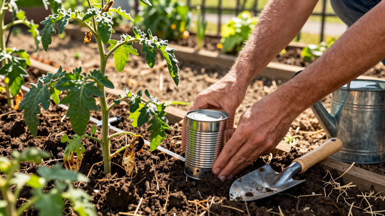 Mãos a colocar lata perfurada no solo perto de planta de tomate num jardim com regador e enxada.