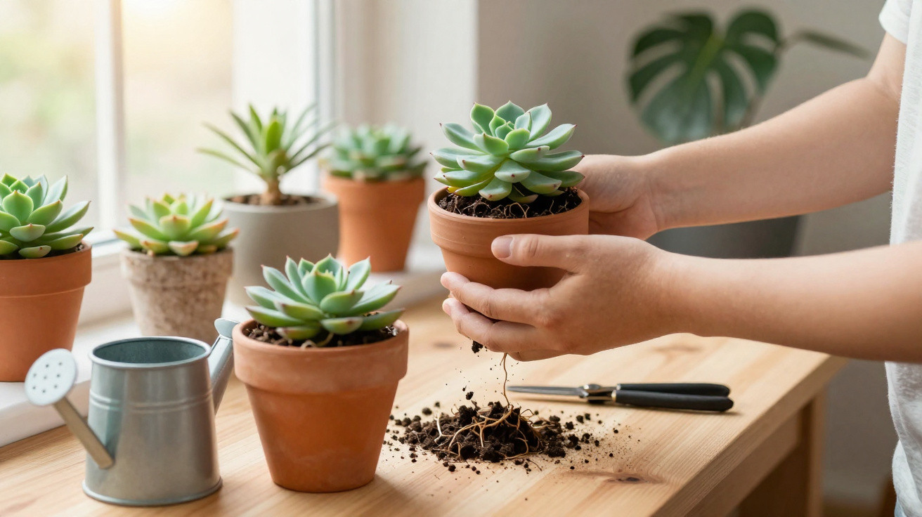 Mãos a transplantar suculenta em vaso de barro num ambiente com outras plantas e regador.