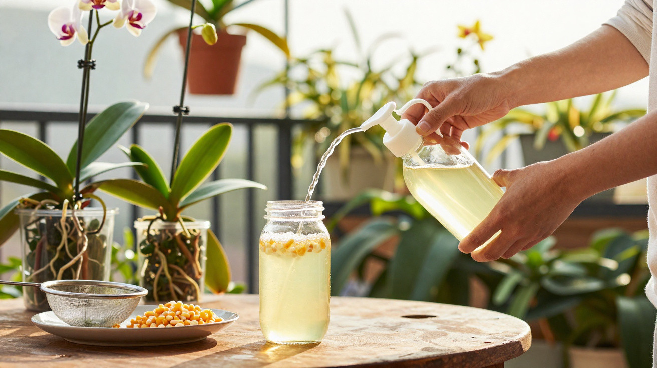Mãos a verter líquido num frasco com grãos num ambiente com orquídeas e plantas em vasos.