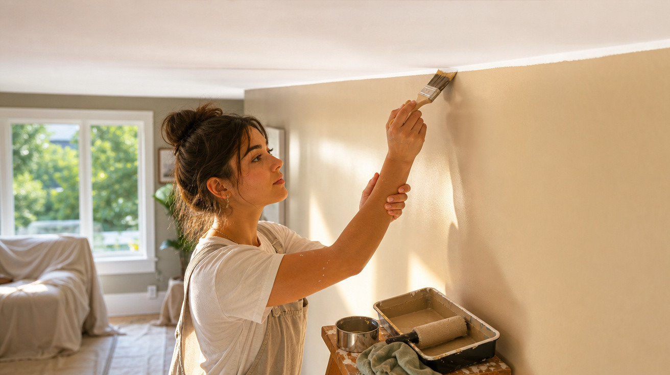 Mulher a pintar uma parede interior de bege numa sala iluminada por luz natural.