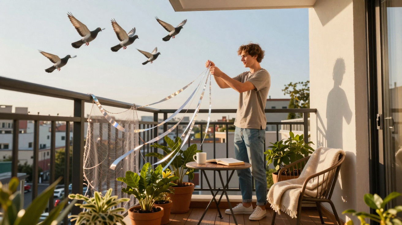 Jovem a preparar uma pipa num terraço com plantas, enquanto pombos voam ao pôr do sol.