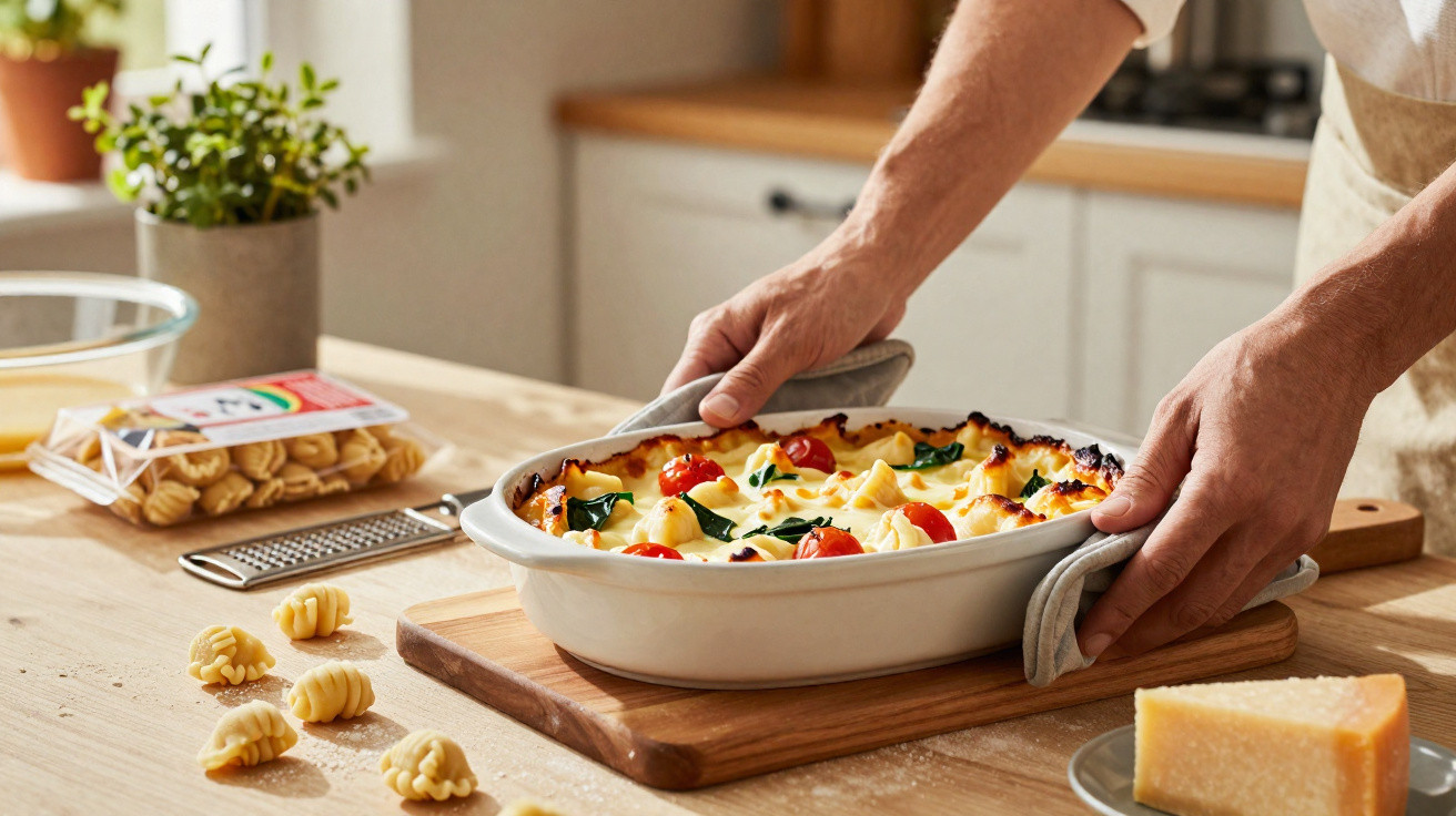 Pessoa a retirar gratinado de massa do forno numa cozinha com massa e queijo à volta.