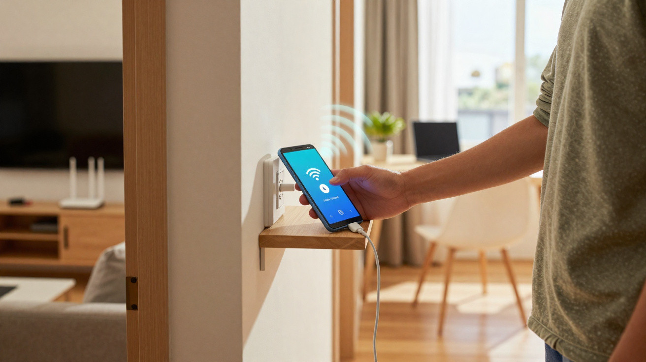 Pessoa a usar smartphone para ativar Wi-Fi junto a uma tomada numa sala moderna e iluminada.