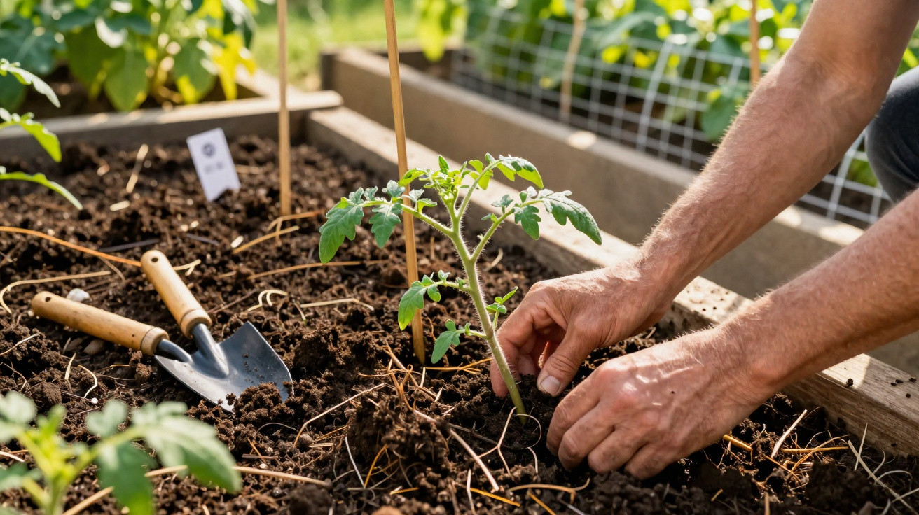 Mãos a plantar uma muda de tomateiro em canteiro de terra com ferramentas de jardinagem ao lado.